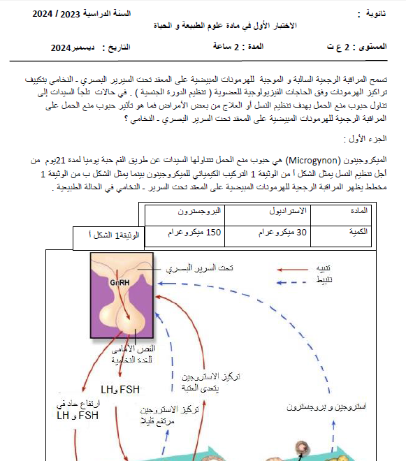 اختبار الفصل الاول في العلوم الطبيعية للسنة 2 ع ت مع التصحيح pdf